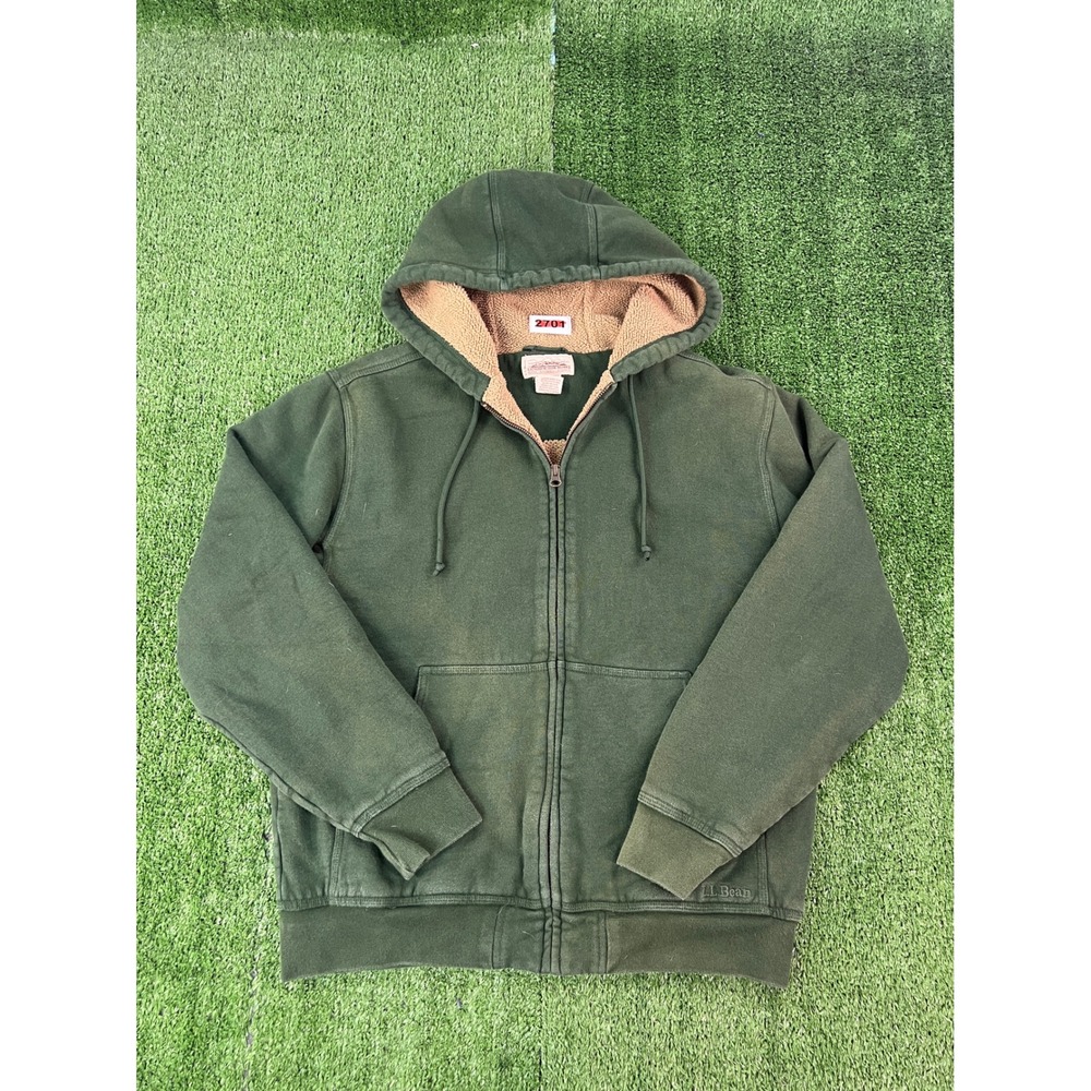 LL Bean Katahdin Iron Works Mens Green Sherpa Lined Zip Hoodie SM-REG 285369